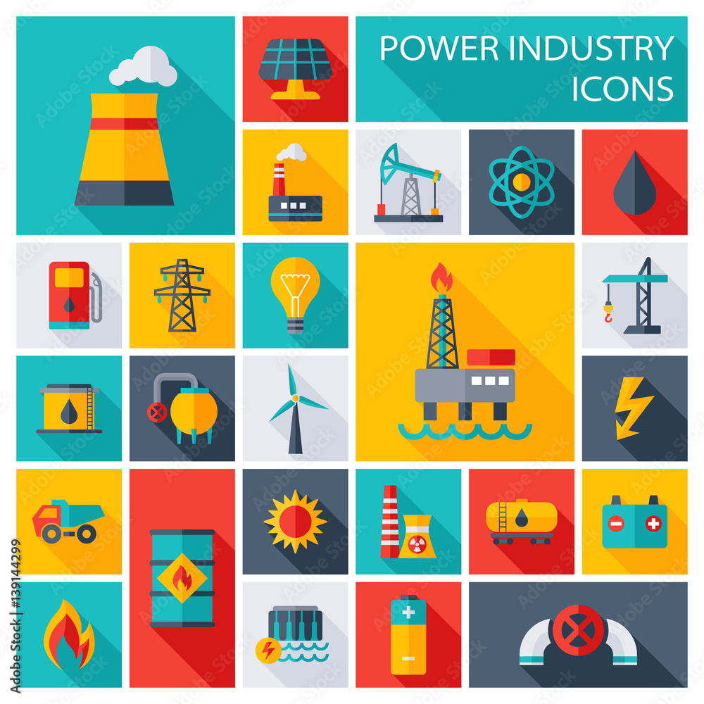 Power Industry Flat Square Icons - illustration