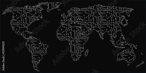 vector of world map made of electronic microchip circuits