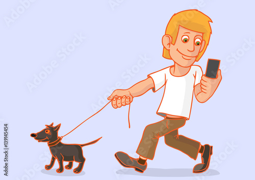 The man went for a walk with the dog. He is passionate about his smartphone, focus on a dog does not pay. Smartphone in hand.