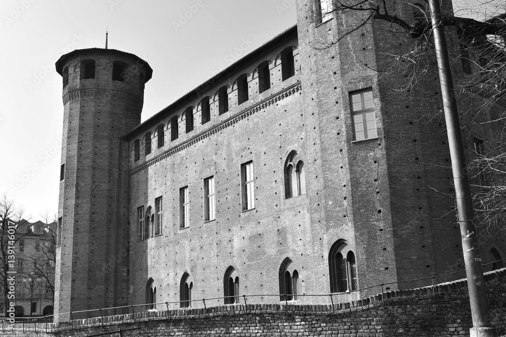 Casaforte degli Acaja the castle of Piazza Castello in Turin, Italy. Black and white.