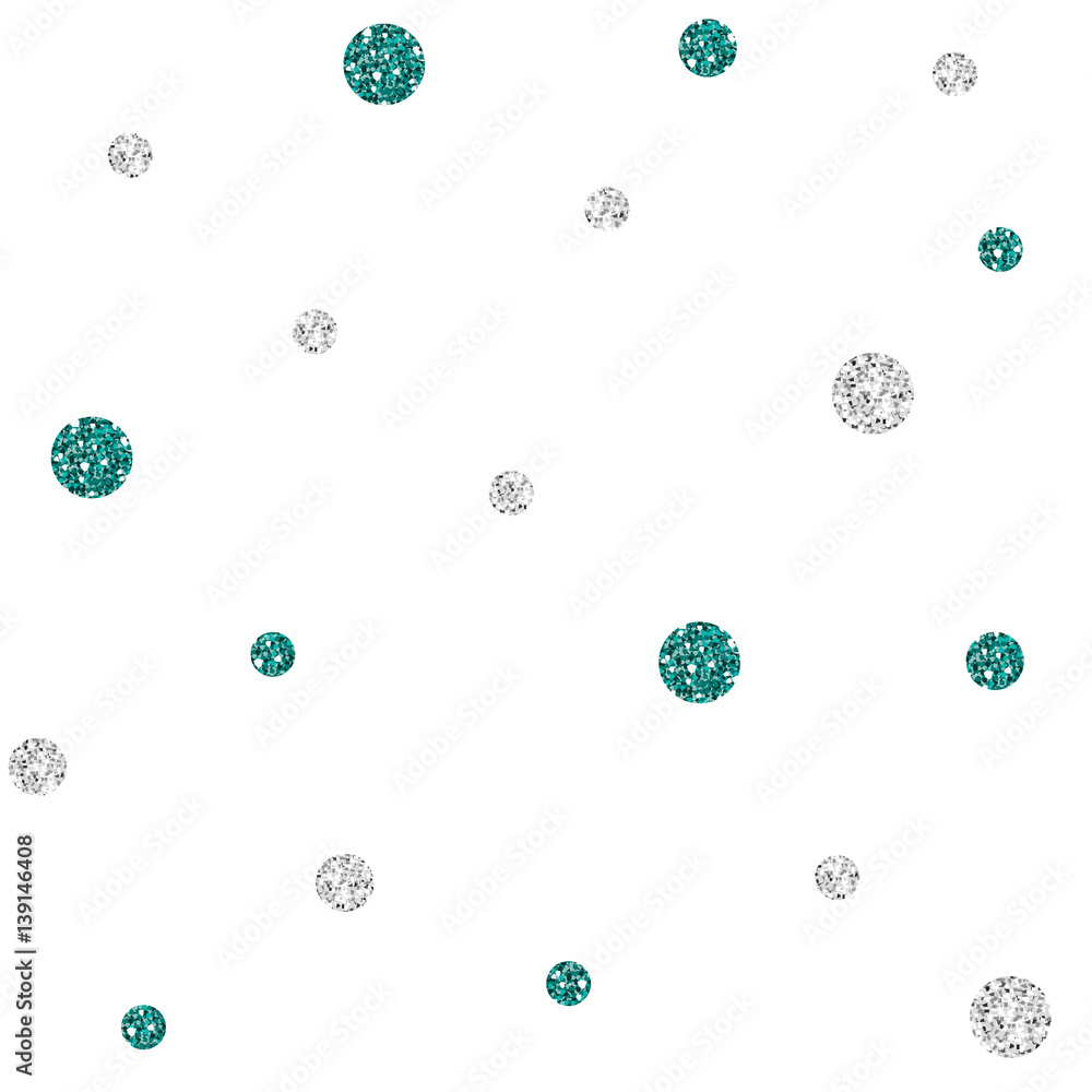 SEAMLESS GREEN AND SILVER DOT GLITTER PATTERN ON WHITE BACKGROUND