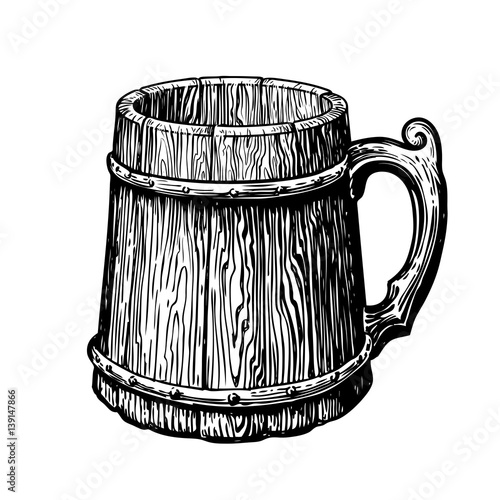 Hand-drawn vintage empty wood mug. Sketch vector illustration