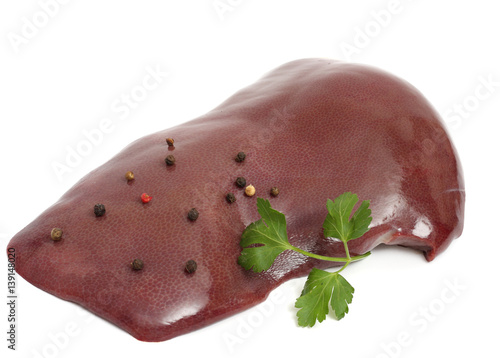 Raw pig liver isolated on white background