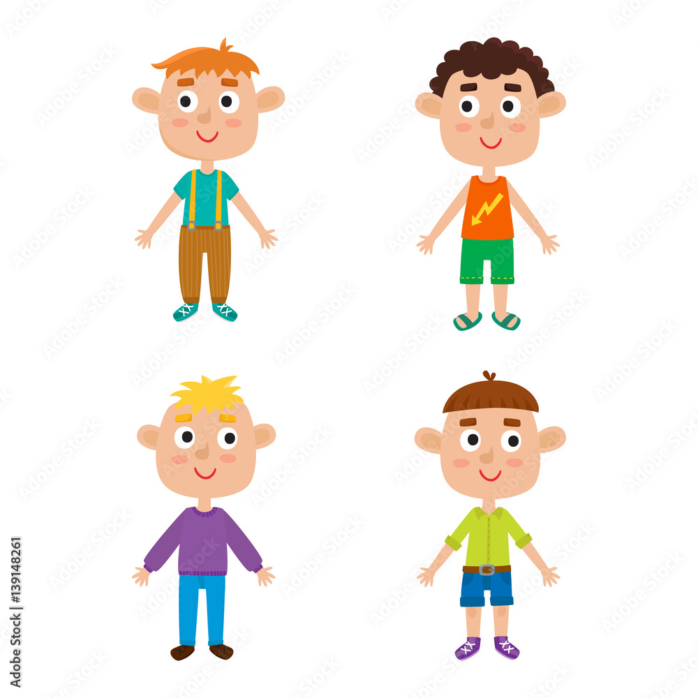 Young european boys body template: front. Cute cartoon boys isol Young european boys body template: front. Cute cartoon boys isol