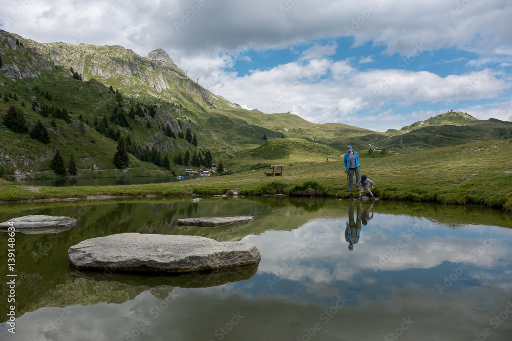 View on lake Bettmeralp and surrounding mountains, Switzerland.