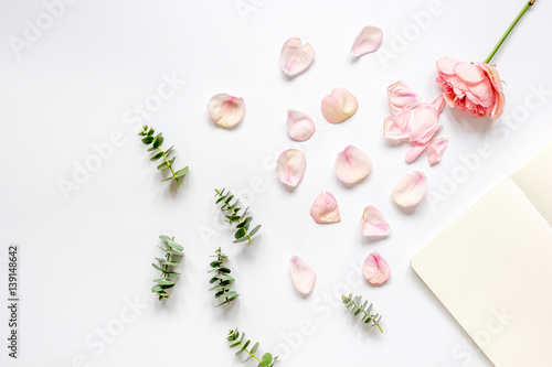 floral pattern with rose and eucalyptus on white table top view mock-up