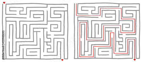 Maze labyrinth game with solution, find the way. Vector illustration.