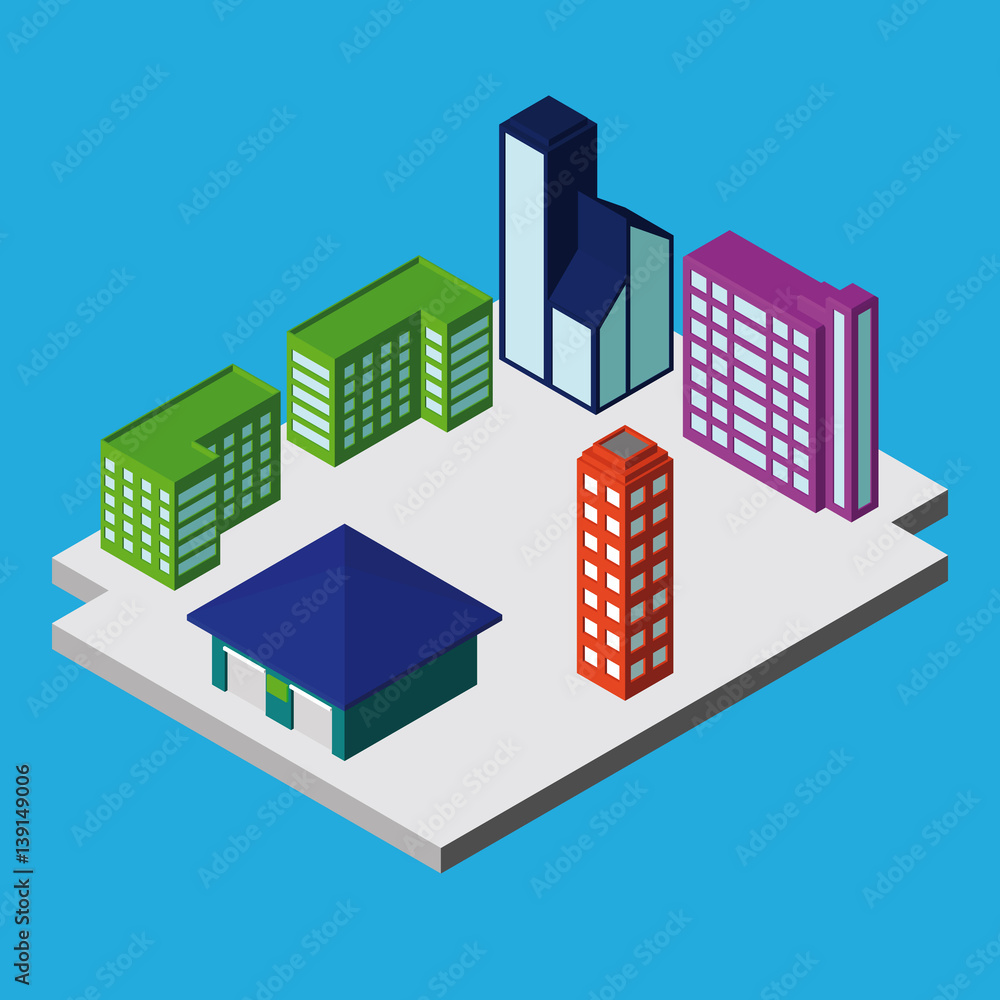 Set of Isometric City Buildings. Vector Illustration