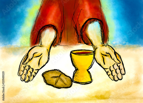 Foto Eucharist or Last supper of Jesus Christ, with bread and wine