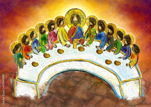 Last supper of Jesus Christ with twelve apostles on Holy or Maundy Thursday. Abstract artistic digital textured illustration. photo