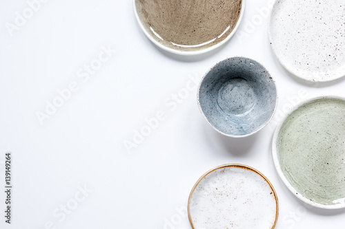 ceramic tableware top view on white background mock up