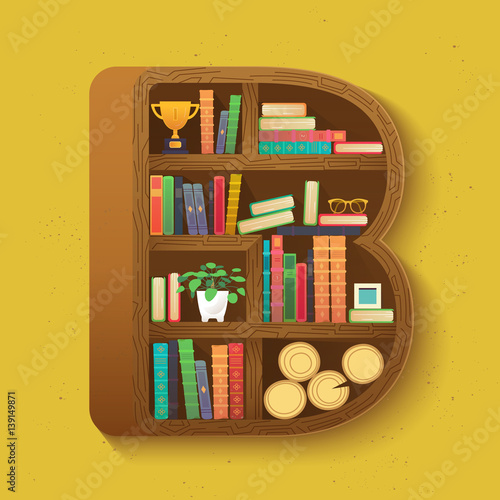 Creative Bookshelf in isometry with colorful books and teenage items background.