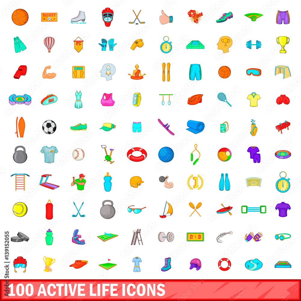 100 active life icons set, cartoon style 100 active life icons set, cartoon style
