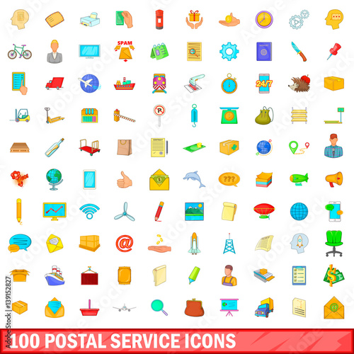 100 postal service icons set, cartoon style