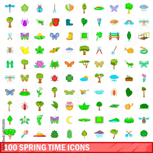 Fototapeta Naklejka Na Ścianę i Meble -  100 spring time icons set, cartoon style