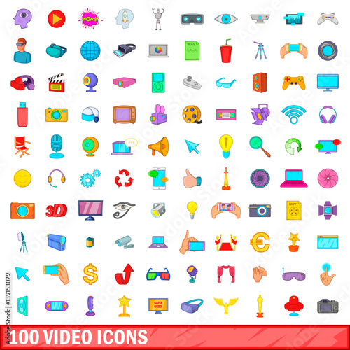 100 video icons set, cartoon style © ylivdesign