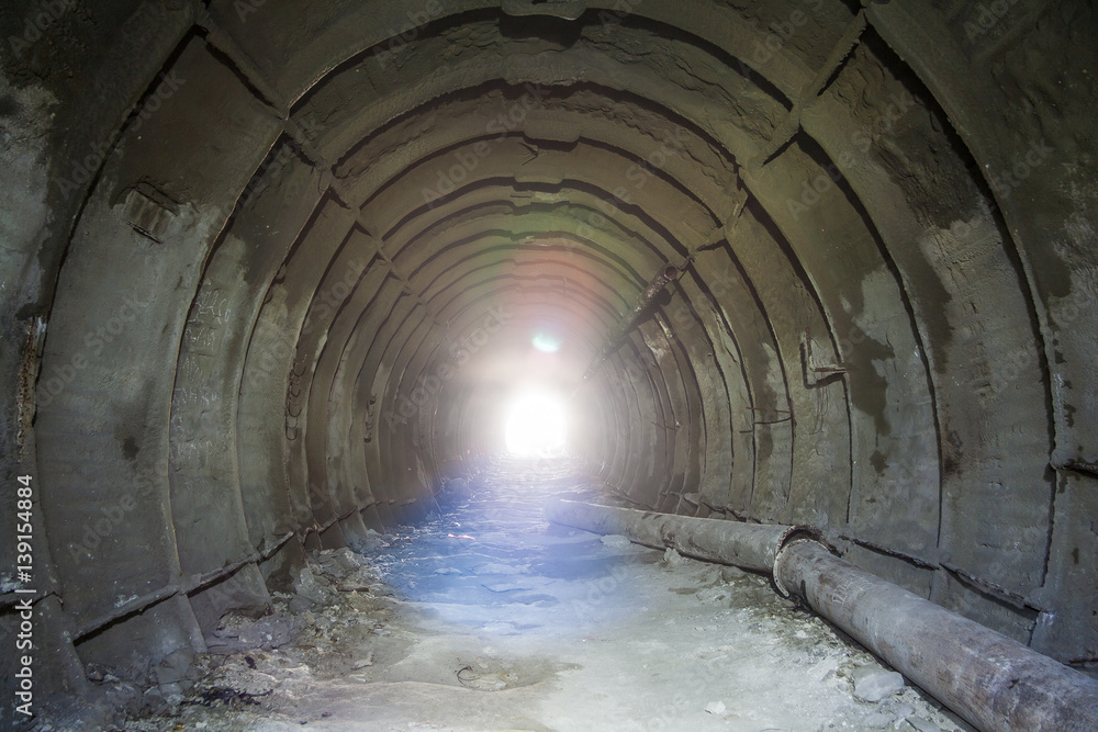 Naklejka premium Metal tubbing lining in abandoned chalky mine in Belgorod
