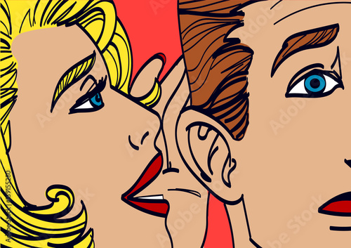 Woman whispering in mans ear drawing vector illustration. Colorful, eps 10
