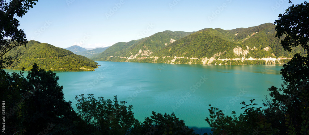 Panoramic view of the Zhinvali reservoir with turquoise water surface. Georgia
