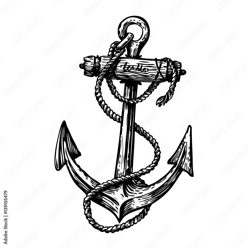 Hand-drawn vintage anchor with rope, sketch. Travel, discovery, cruise ...