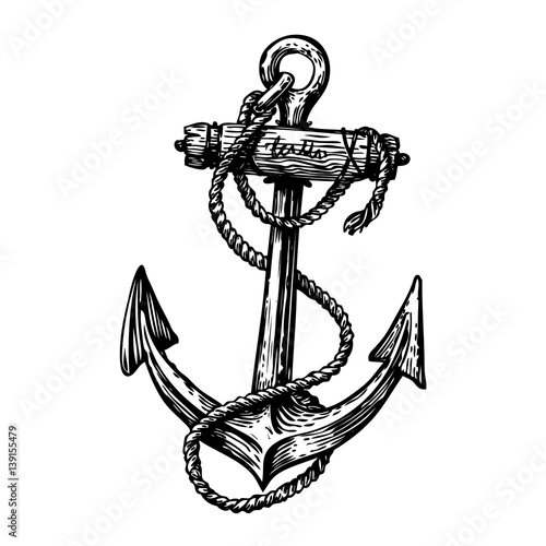 Hand-drawn vintage anchor with rope, sketch. Travel, discovery, cruise symbol. Vector illustration