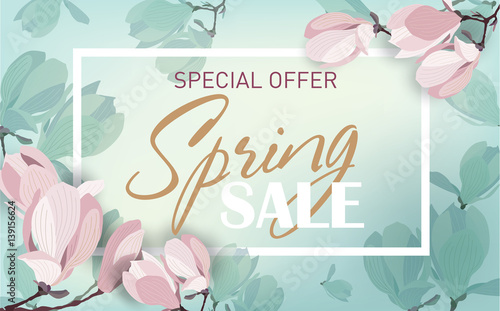 Delicate spring sale background with magnolia flowers. Template for design poster, banner, invitation, voucher. Vector illustration.