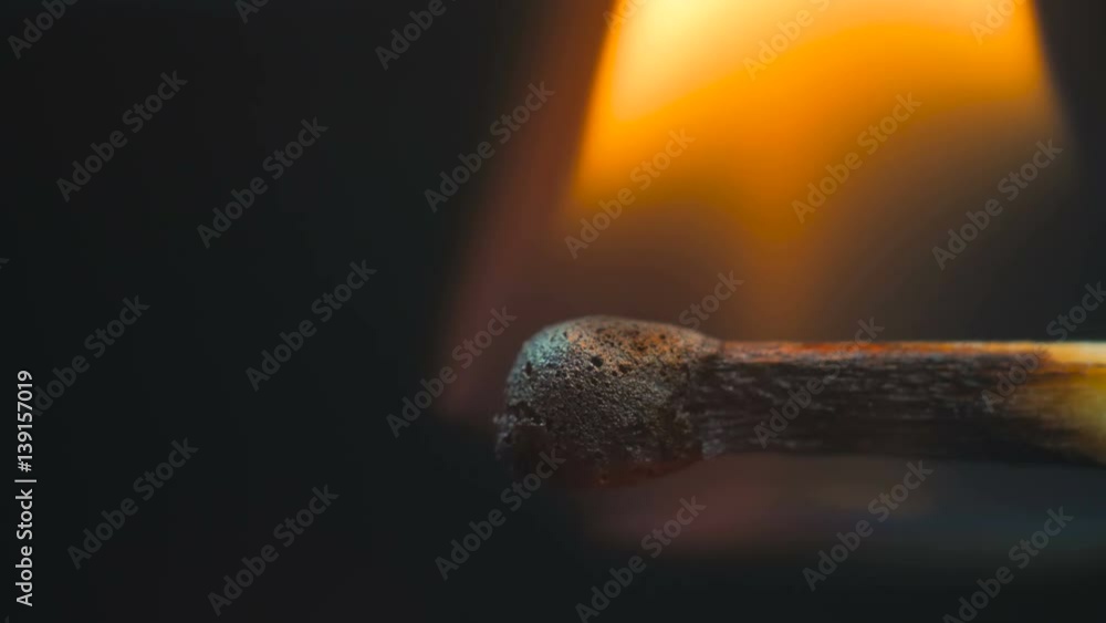 A lit wooden match burning. Black background. Extreme macro shot A lit wooden match burning. Black background. Extreme macro shot