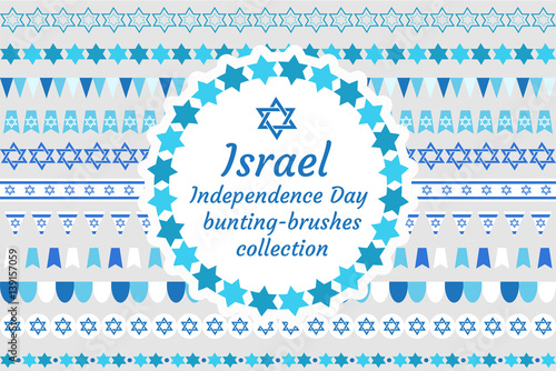 Israel Independence Day bunting-brushes collection. Jewish holiday brush, border, flag, ornament set. Vector illustration