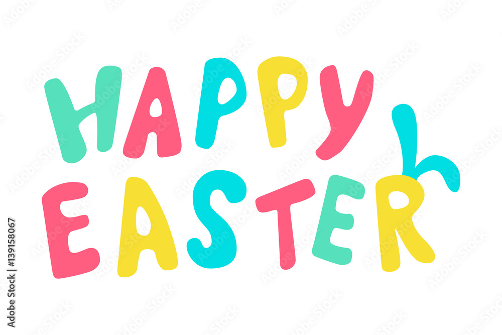Happy easter colored lettering with rabbit ears.
