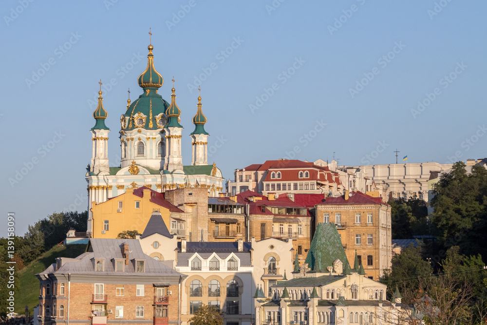 Saint Andrew Church in Kiev, Ukraine, seen from the bottom of the hill of the same name..The Saint Andrew's Church is a major Baroque church located in Kiev, the capital of Ukraine.
