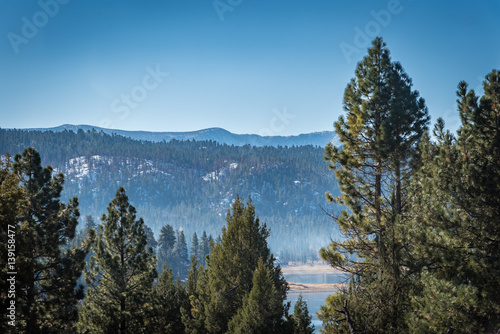 A view through the trees of Big Bear Lake in California.