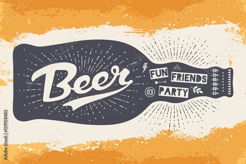 Bottle of beer with hand drawn lettering and text Beer Here for sign of Oktoberfest Beer Festival. Vintage drawing for bar, pub, beer themes. Sign with lettering on yellow background. Vector