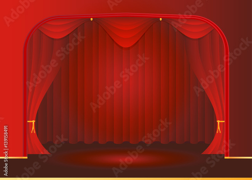 Open red curtains at the theater, opera and cinema on brilliant background pixels. Vector background EPS 10