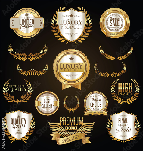 Golden sale shields laurel wreaths and badges collection