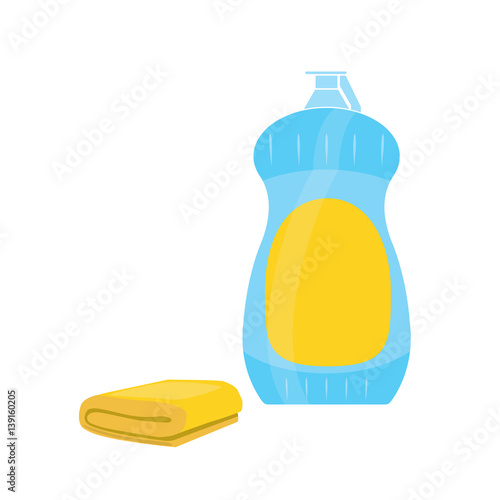 Bottle of cleaner with batcher and yellow sponge or rag. Clean object, household equipment tool. Cleaning service vector stock illustration, housekeeping cleanness