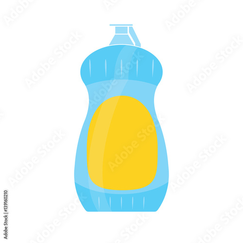 Bottle of cleaning product. Plastic detergent bottle. Bottle of cleaner for dishes. House cleaning tool. Cleaning elements. Clean object, household equipment tool. Vector illustration