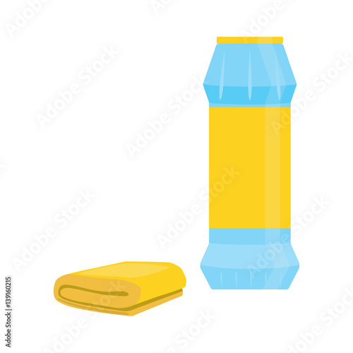Bank of cleaner powder with yellow sponge or rag. Clean object, household equipment tool. Cleaning service vector stock illustration, housekeeping cleanness