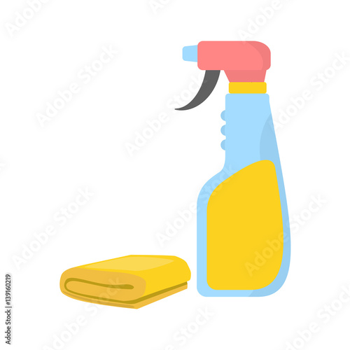 Spray cleaner with yellow sponge or rag. Clean object, household equipment tool. Cleaning service vector stock illustration, housekeeping cleanness