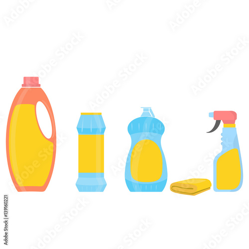 House cleaning tools. Cleaning elements. Bottles of cleaning products. Plastic detergent bottles and yellow sponge or rag. Clean object, household equipment tool. Vector illustration