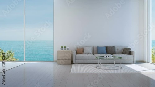 Sea view bedroom, living room and working area in luxury beach house - 3D rendering