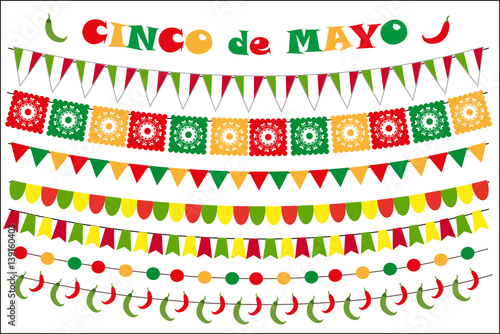 Cinco de Mayo celebration set of colored flags, garlands, bunting. Flat style, isolated on white background. Vector illustration, clip art