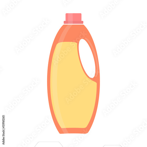 Bottle of cleaning product. Plastic detergent bottle. Bottle of cleaner for dishes. House cleaning tool. Cleaning elements. Clean object, household equipment tool. Vector illustration