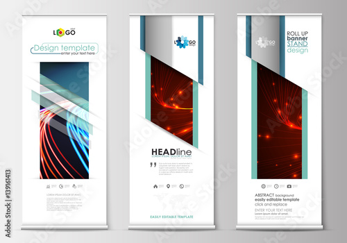 Set of roll up banner stands, flat templates, geometric style, modern business concept, corporate vertical flyers. Abstract lines background with color glowing neon streams, motion design vector.
