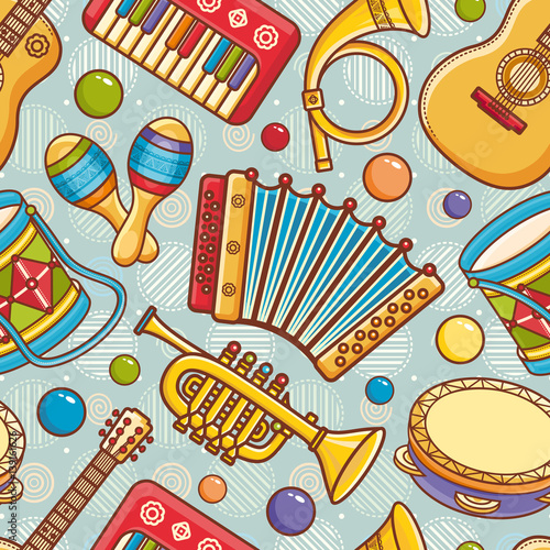 Musical instrument.  Seamless pattern. Vector ornament. Cartoon style.