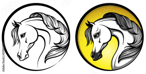 Arabian horse head in a circle - outline and on a yellow background
