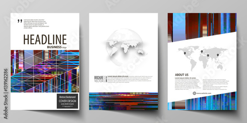 Business templates for brochure, magazine, flyer, annual report. Cover design template, abstract vector layout in A4 size. Glitched background made of colorful pixel mosaic. Trendy glitch backdrop.