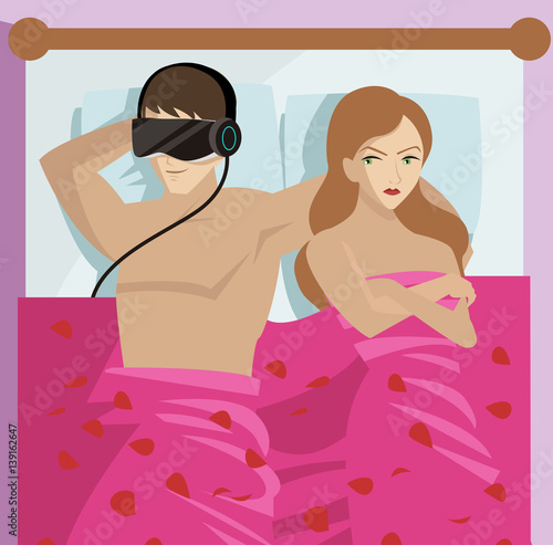 man watching virtual reality with glasses and angry woman in bed