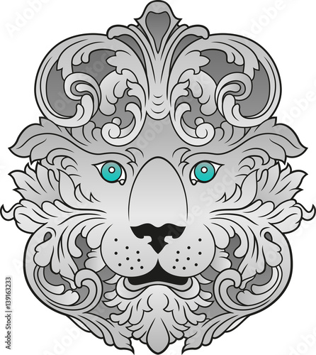 Fototapeta Naklejka Na Ścianę i Meble -  Vector illustration of a silver ornate lion with cyan eyes
