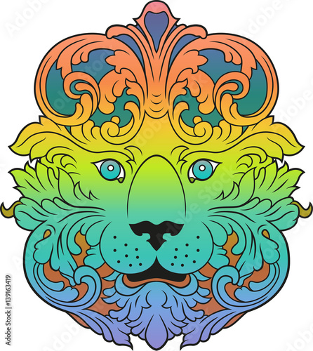 Fototapeta Naklejka Na Ścianę i Meble -  Vector illustration of a rainbow ornate lion with cyan eyes