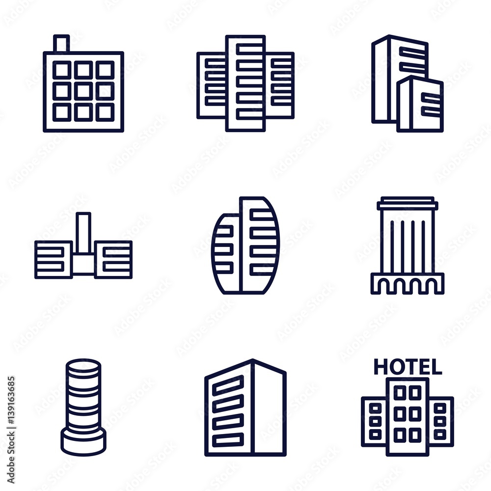 Obraz premium Set of 9 skyscraper outline icons